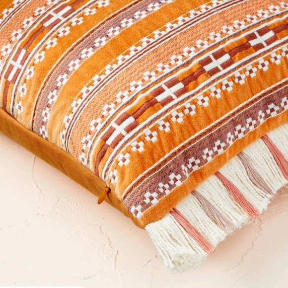 OPALHOUSE X JUNGALOW Velvet Embroidered Striped Lumbar Throw Pillow Rust - Picture 5 of 7